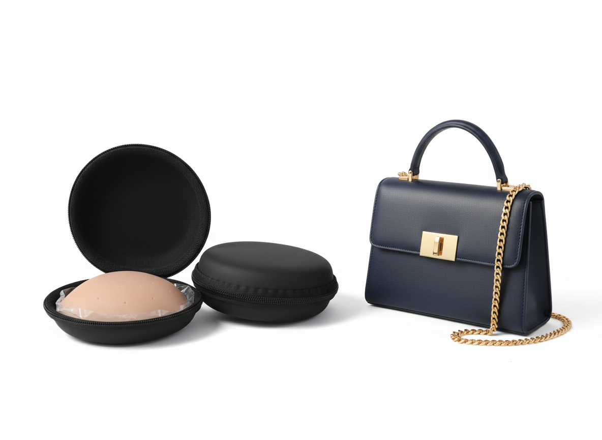 cremallera con bolso negro Pezoneras de silicona respirables, con estuche negro redondo con cremallera.